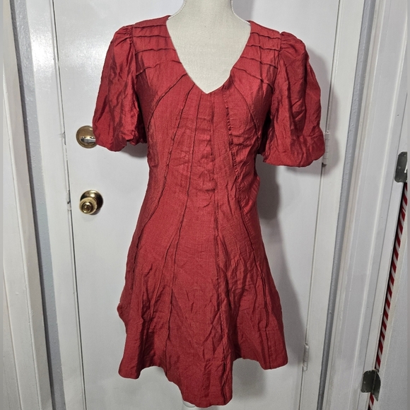 TCEC Red Puffy Sleeves Mini Dress Sz Small - Picture 2 of 10